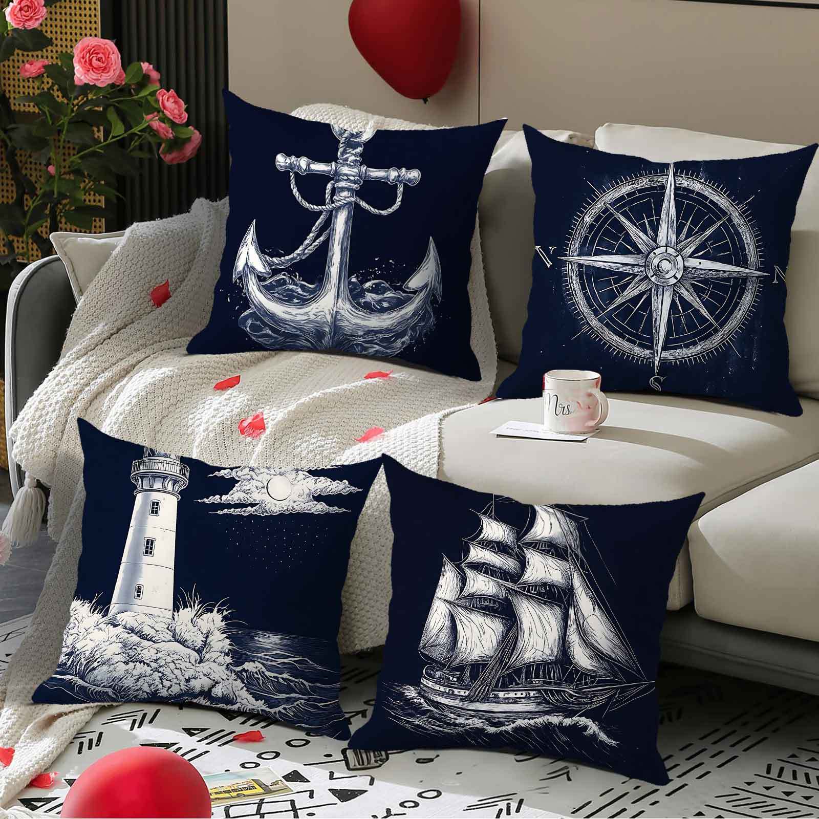 TEMU 4pcs Nautical - Themed, Home And Kitchen Supplies, Bedding, Home Decor, Cushion Covers, Maritime Accessories, Navy - Inspired Anchor With Rope