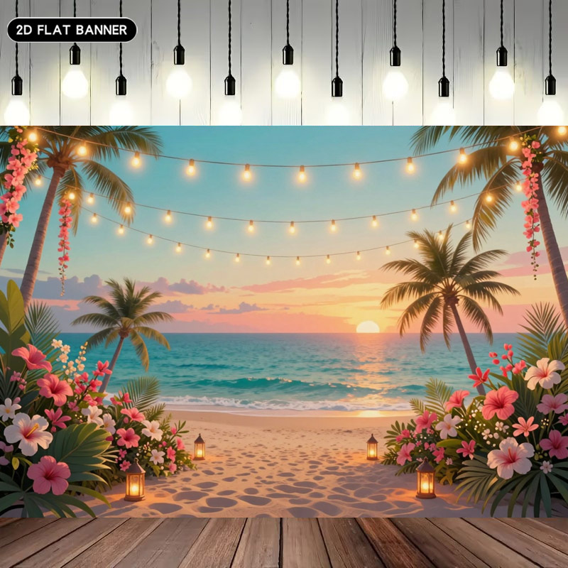 TEMU Bannière de fête 2D plate, 2D plate, 1 pièce, thème été, , avec guirlande lumineuse d'arbres de coco et motif de fleurs d'hibiscus roses, style