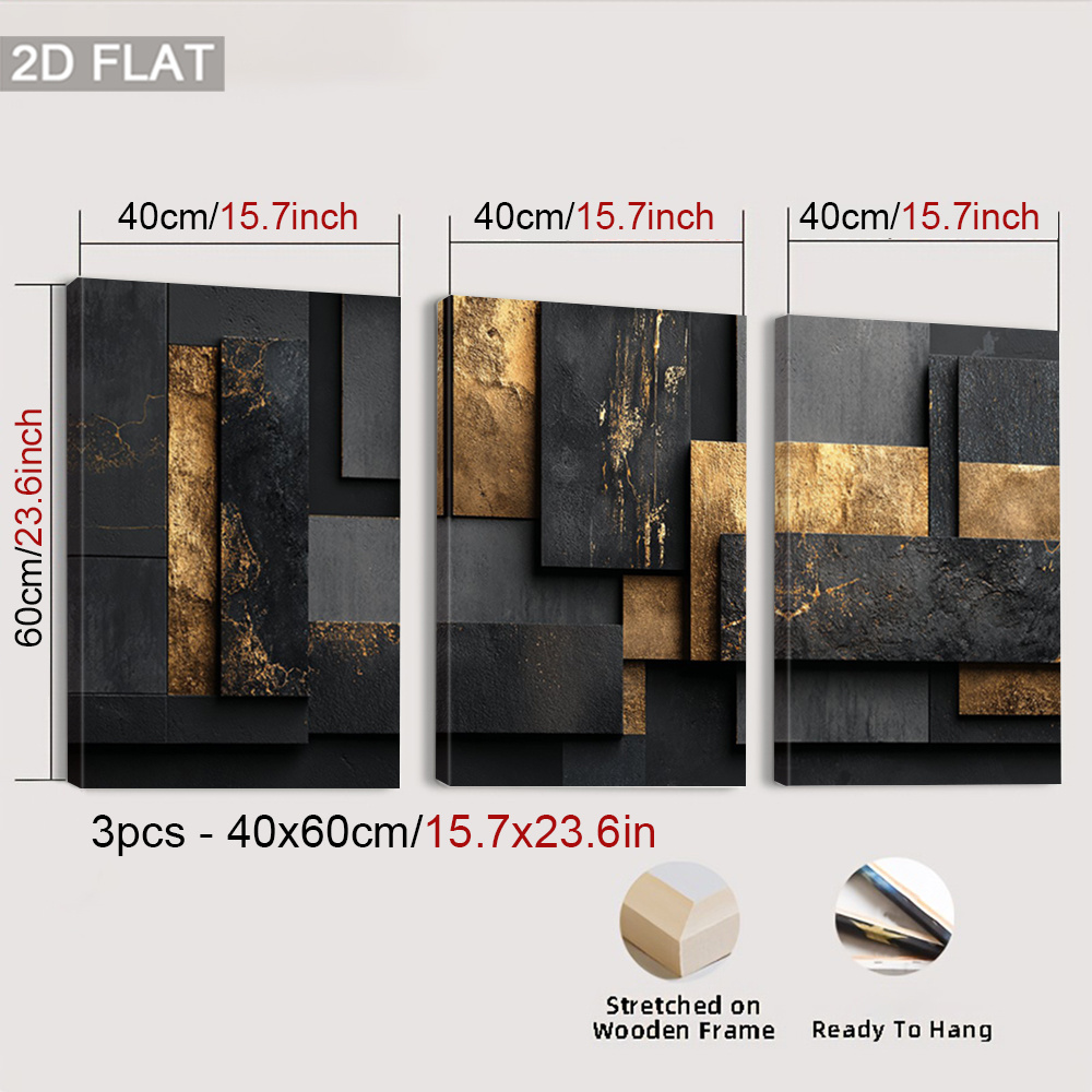 TEMU 2d Flat, 3pcs Framed Luxurious Black Golden Art Prints Poster, Canvas Painting, Textured Surface Wall Decor, Modern Aesthetic Wall Arts, Modern