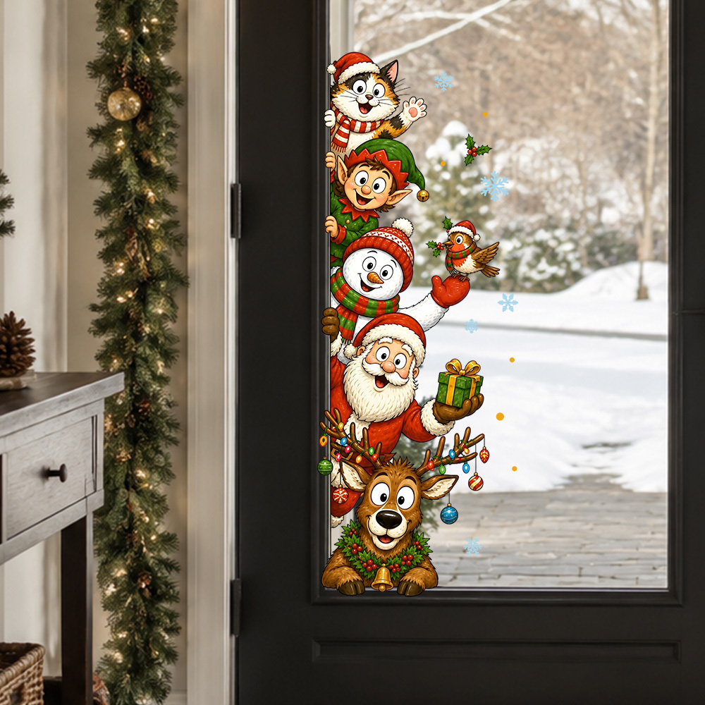 TEMU 1pc Christmas Character Climbing Head Window Sticker, Featuring Santa Claus, Elf Cats, Snowmen And Reindeer Large Size Double-sided - Winter And