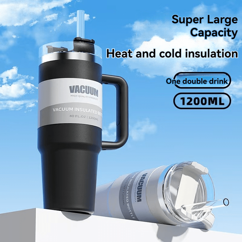 1 nova dvostruka čelična termo boca sa ručkom, poklopcem i slamkom - održava piće toplim 24 sata, hladnim 24 sata - idealno za ledeni čaj, kafu, kampovanje, putovanja i fitnes