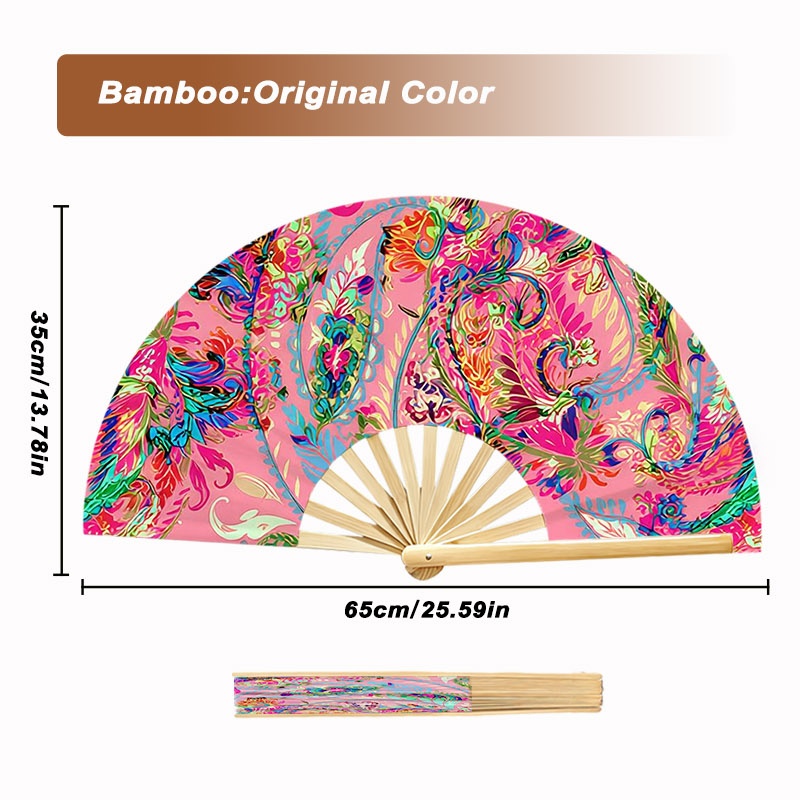TEMU Vibrant Colorful Paisley And Floral Motif Folding Hand Fan, Natural Bamboo Wooden Frame, Intricate Decorative Ornamental Art Craft, Perfect For