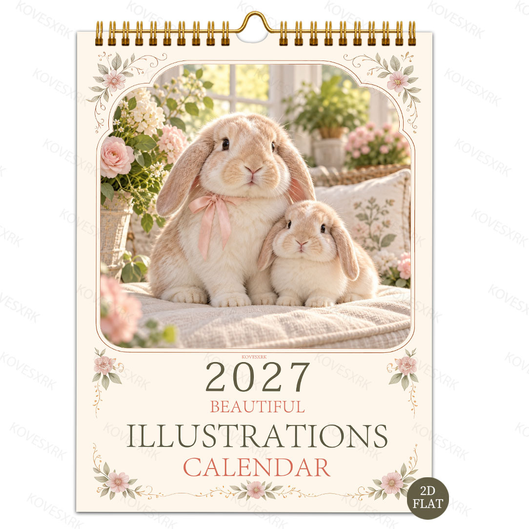 TEMU 1pc A4 Large Wall Calendar | 2027 Cozy Rabbit Calendar | Lop-eared Rabbit Wall/monthly Calendar | 11.4*8.3 Inches | 12-month Soft Pink Small