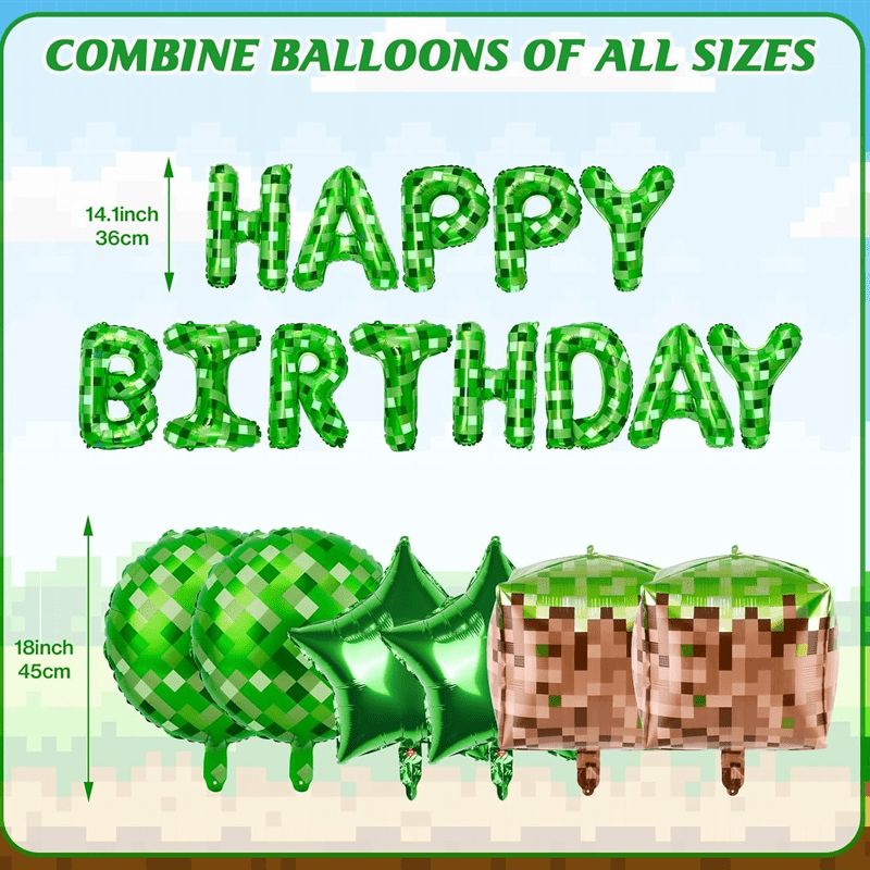 Image of 19pcs Green Pixel Theme Birthday Celebration Banner Decoration Set, Including Pixel Balloons, Themed Party Supplies, Pixel Backdrop, Suitable For Indoor And Outdoor Birthday Decoration