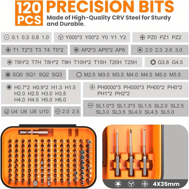 150 in 1 precision screwdriver set 120 bits full range small screwdriver set magnetic mini repair tool kit for ring doorbell laptop switch ps5   macbook iphone watch glasses orange Product details 3