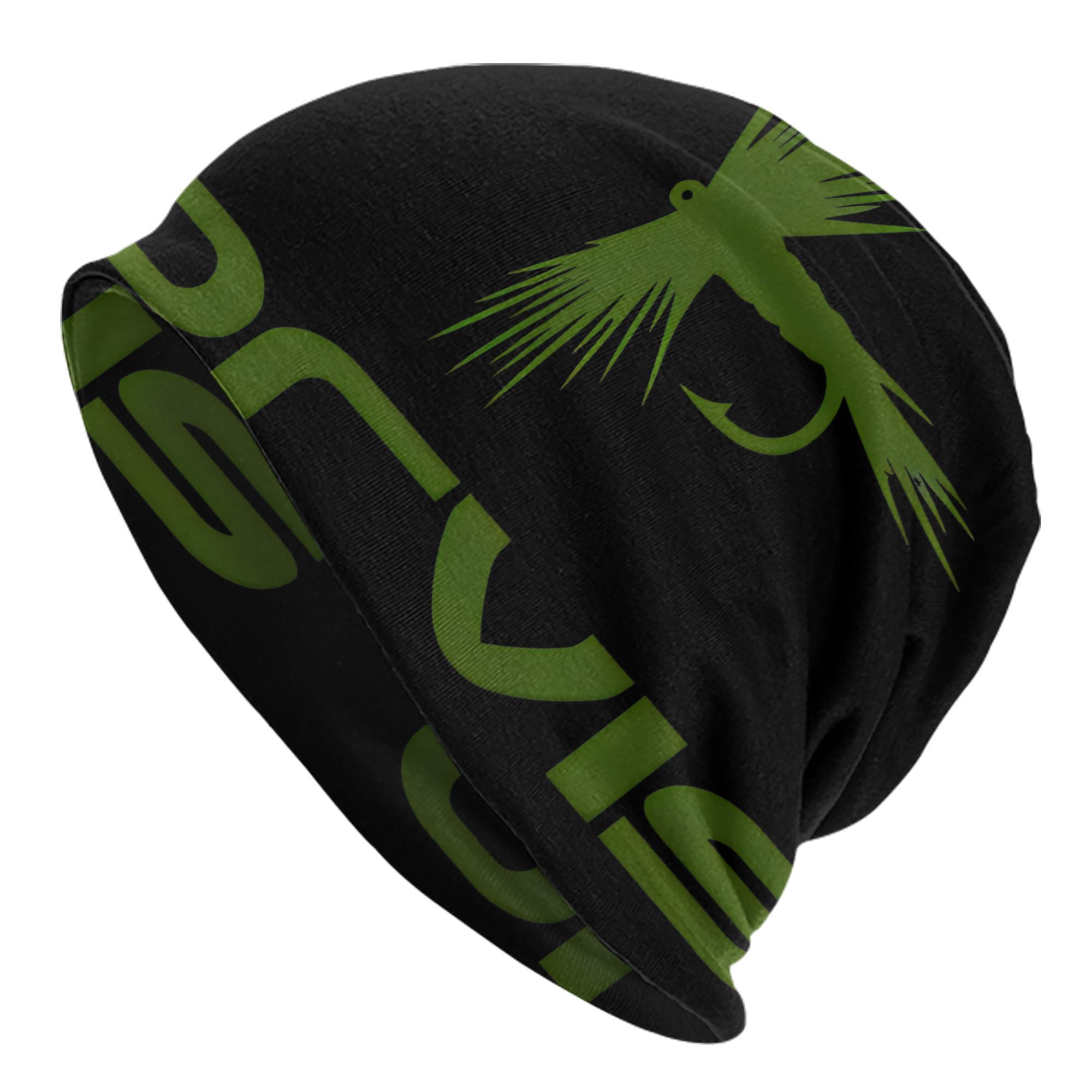TEMU 2d Print Design Fishing Hook Feathers Abstract Symbol Black Background Theme Unisex Beanie Hat Hip Hop Knitted Hat Without Brim For Outdoor