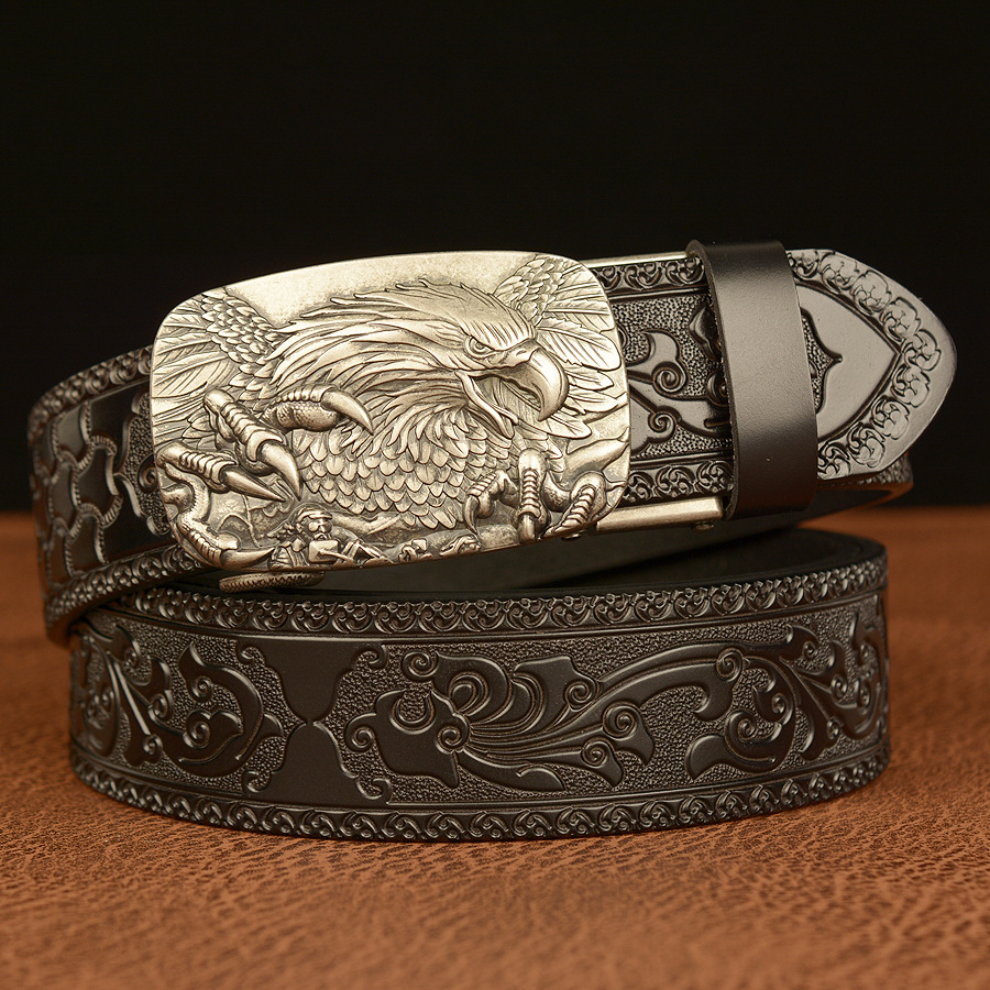 Image of Poyyas Mens Belt For Women Fashion Retro Western Cowboy Alloy Embossed Floral Pu Leather Belt - Stylish, Durable Adjustable Belts - Ideal Holiday Gift