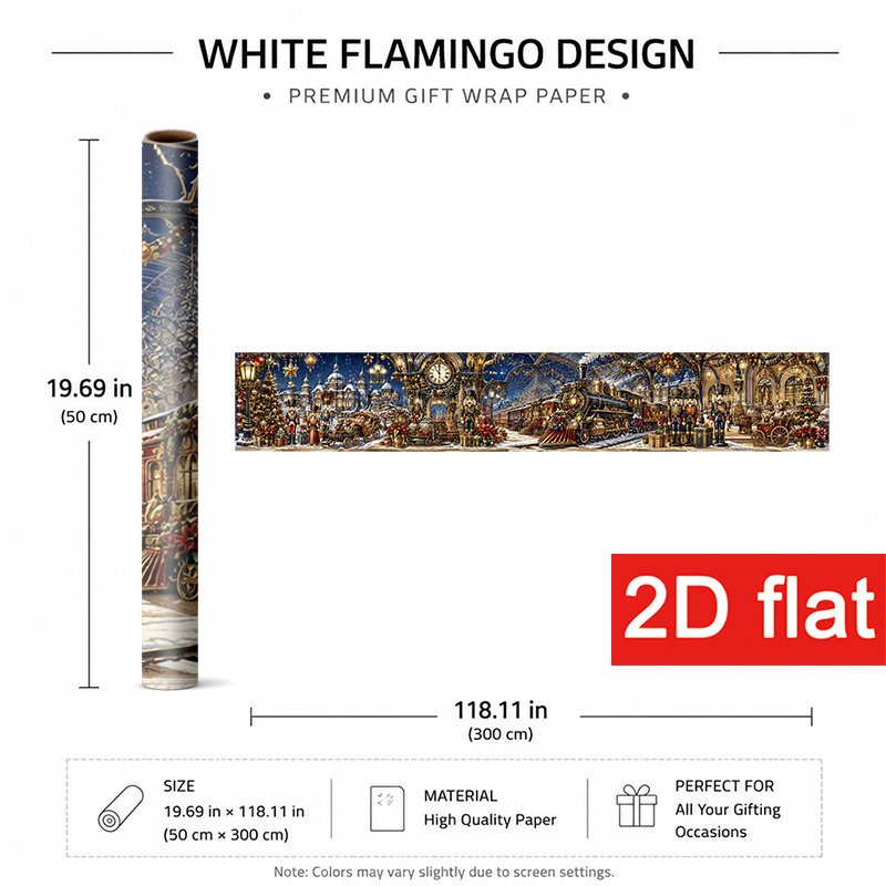 TEMU de Noël élégant 2D plat, 1 rouleau 50x300cm (19.7x118.1in) pour fête de Noël, papier d'emballage cadeau d'hiver avec de train vintage enneigée,