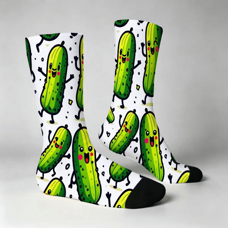 TEMU Crew Socks For Men And Women Featuring Cute Dancing Pickle Characters With Mustard . Fun Cartoon Design With Black Toes/heels, Soft Breathable