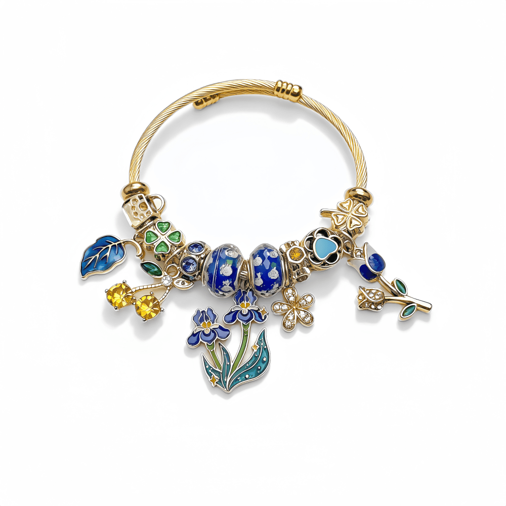 TEMU 1pc Pastoral Leaves Clover Pendant Golden Wire Bracelet Large Hole Beads Adjustable Bracelet Fresh Girly Daily Gift Hand Jewelry