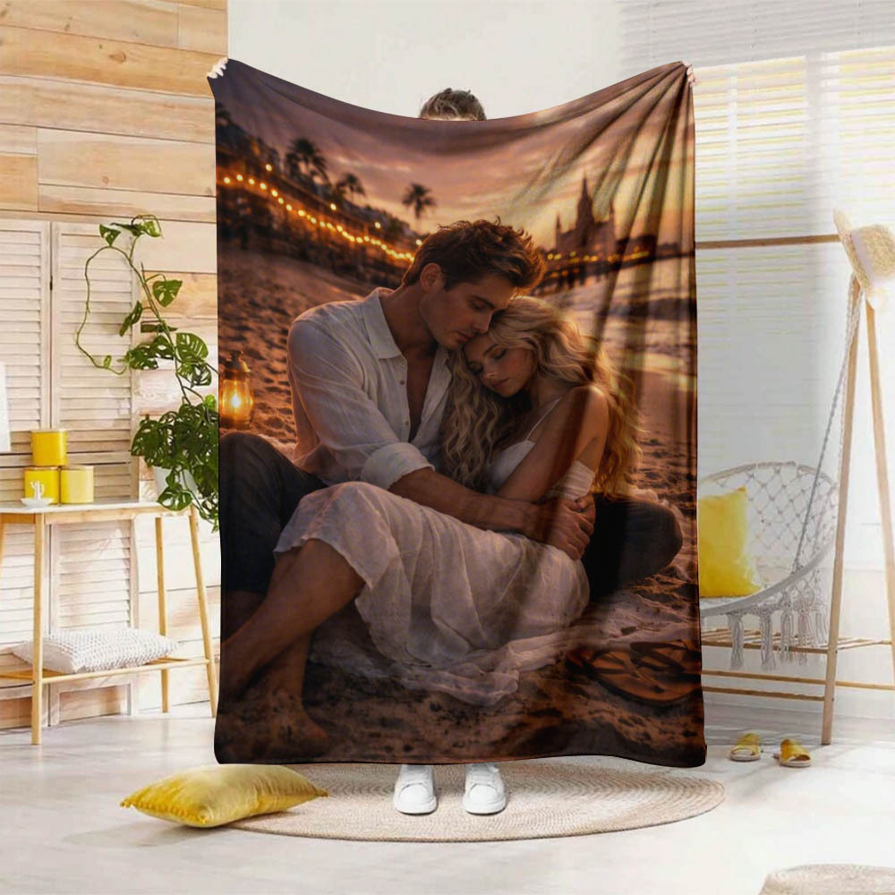 TEMU 1pc Romantic Seaside Couple Style {2d Fat Printing} Highly Commemorative Blanket, Personalized Flannel Blanket, Custom Photo Memorial Blanket,