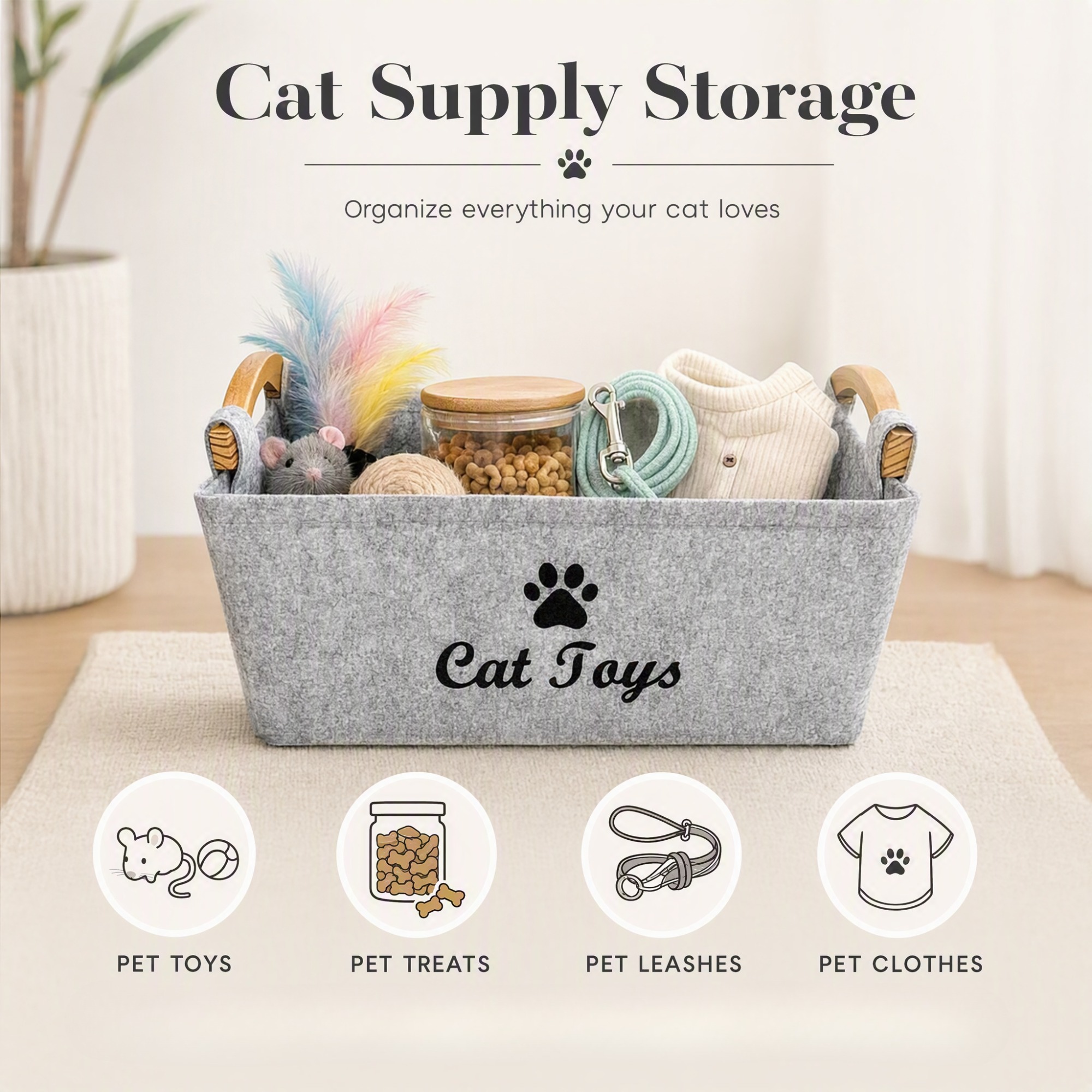 TEMU Jynor 1pc Supplies Storage Bin With Wooden Handle, Collapsible Pet Storage Basket For Toys, Treats, Leashes & Additions, Pet Toy Organizer And