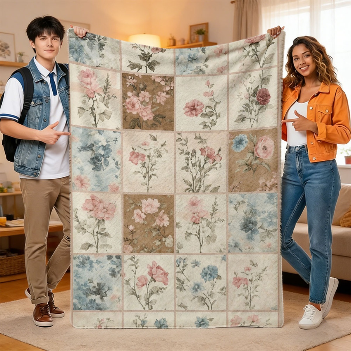 1 manta suave con diseño floral patchwork que presenta un diseño pastel en tonos de rosa, azul, beige, marrón, blanco y verde. Ideal para todas las estaciones, esta manta ligera y de fácil cuidado es perfecta para tu cama, sofá o sala de estar