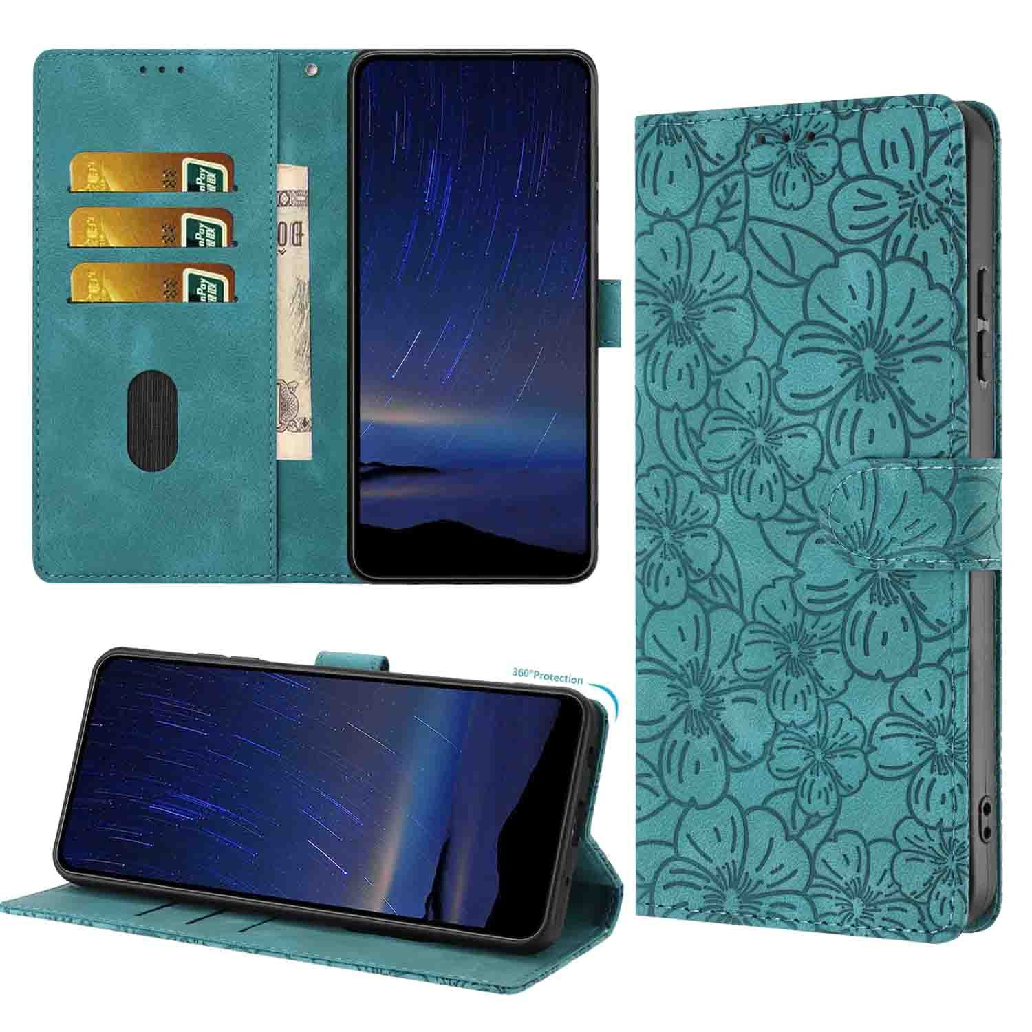 Funda para teléfono: Diseño de patrón de flor de cerezo verde XS, funda de teléfono de cuero sintético con hebilla en relieve creativa y ranura para tarjeta, nueva funda elegante de moda, compatible con Honor 400 Smart/400 Pro/400/400 Lite/X5c/X5C Plus/X7D/X6c/X5B Plus/X5B/200 Smart 5G/X8C 4G/Magic