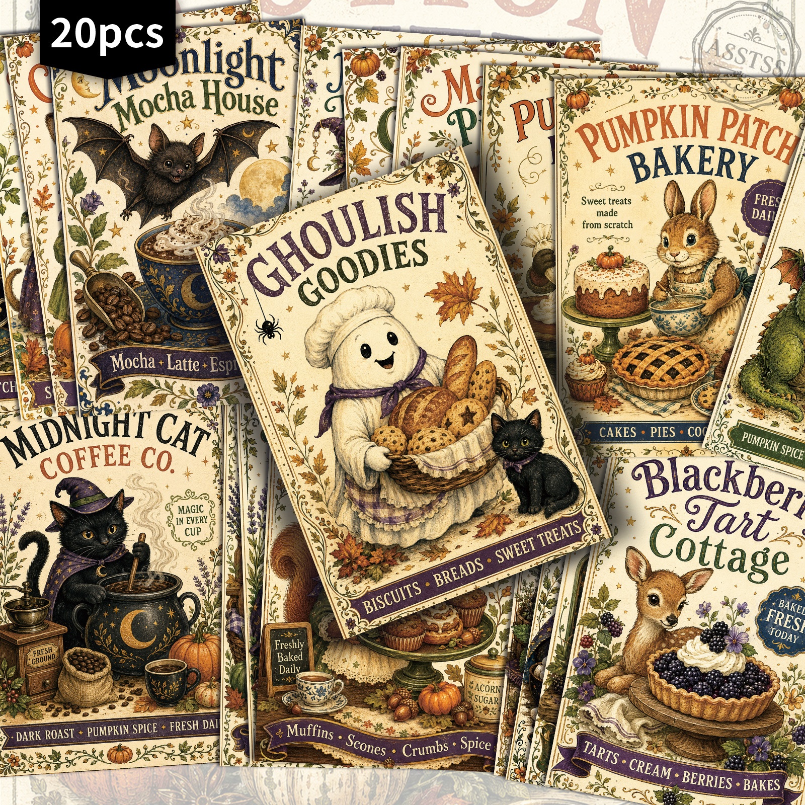 TEMU 20-pack Asstss Vintage Halloween Baking Postcards - 4x6 Inches Retro Junk Journal Supplies, Classic Pinup Illustrations Collectible Decorative