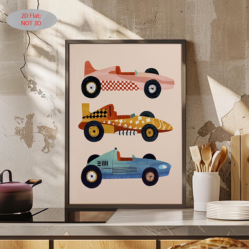 TEMU 2d Flat, 1pc, 2d Flat, Posters & Prints, Unframed, Vintage Racing Car Pattern Print For Boys' Room, Fun Wall Art Decor, For Home, Bedroom,