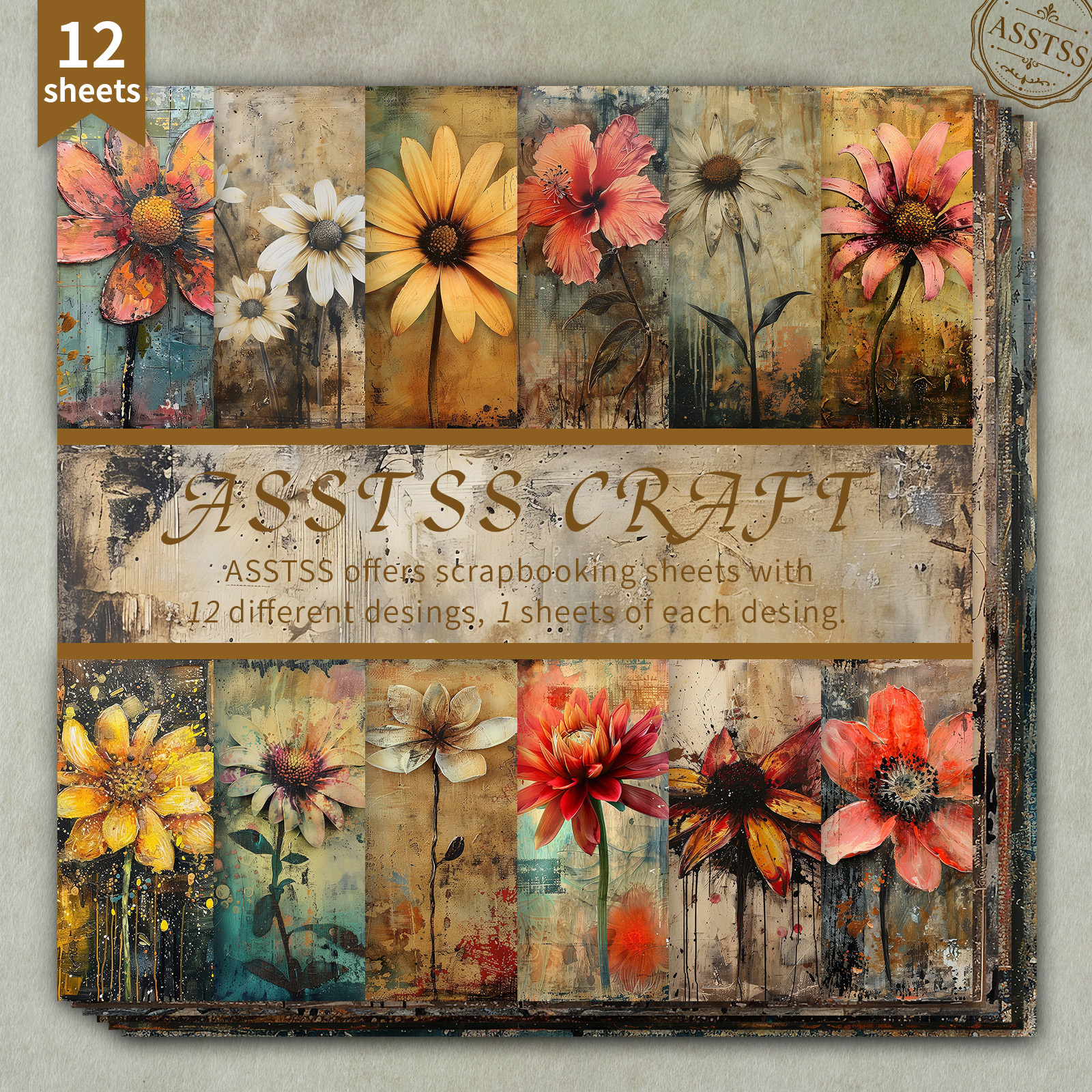 TEMU 12-sheet Asstss 6*6inch Scrapbooking Paper Pad, Grunge Flowers Vintage Distressed Oil Painting Floral Collage Style Backing Paper Supplies,