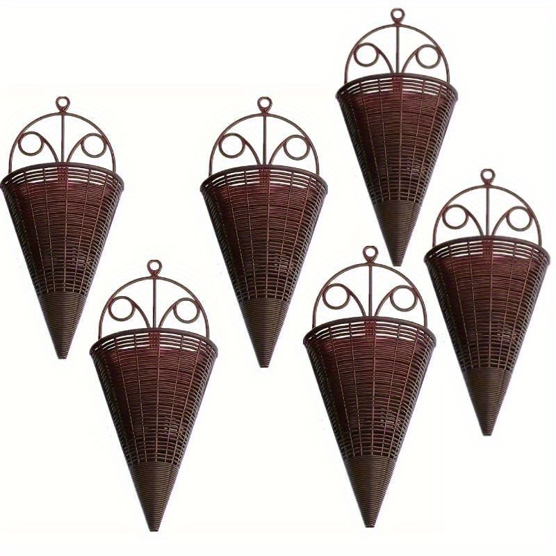 Image of 6pcs Creative Simulation Hanging Vase Flower Basket, Triangular Wall Art Vine Weaving Hanging Flower Holder, Indoor Decoration Hanging Basket Flower Pot Holder