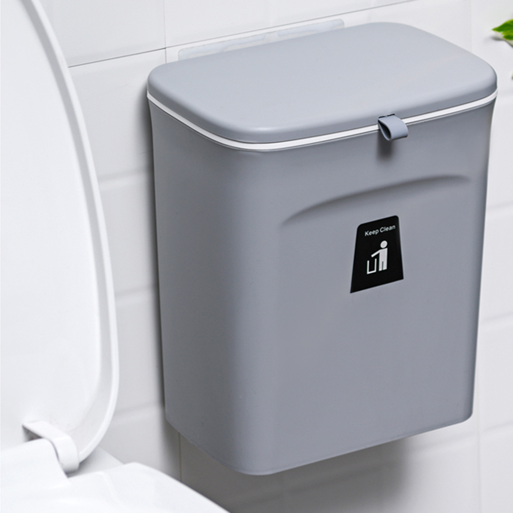 TEMU 9l Grey Sliding Lid Kitchen Trash Can Pp Integrated Molding Rectangular Dual Use Wall Mounted Freestanding Dustproof Household Waste Bin For