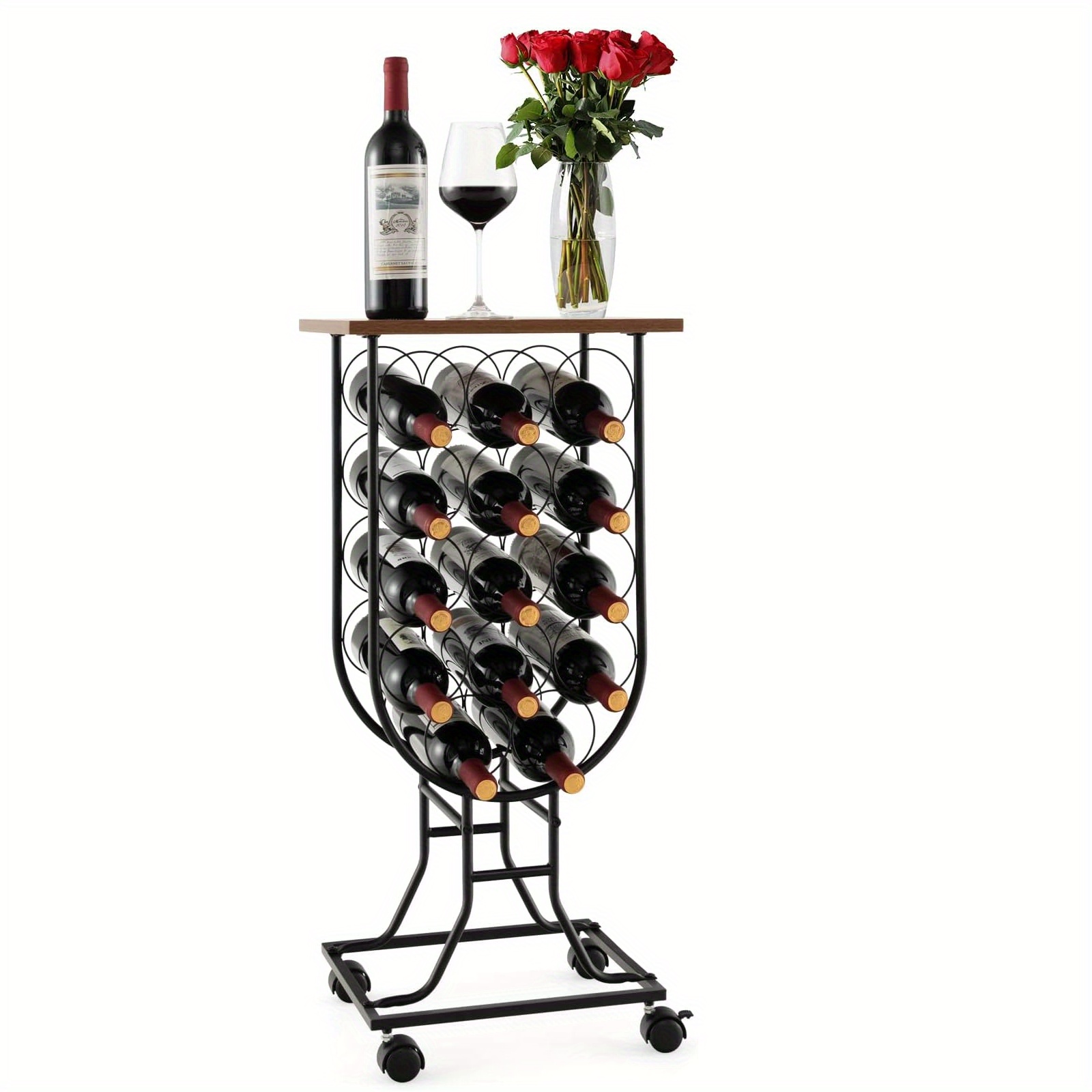 14-bottle Wine Rack Featuring Removable Lockable Wheels, Portable Wine Storage Organizer On Top, And A Sturdy Metal Frame, Utility Racks