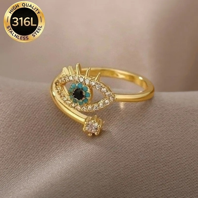 TEMU 1pc Bague ouverte à l'œil maléficier en acier inoxydable 316L rétro de luxe léger pour femmes, incrustée de plastique - Réglable -