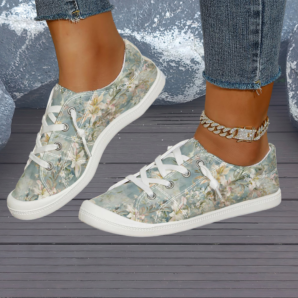 TEMU Women's New Comfortable Fashionable Versatile Casual Shoes Oil Painting Style Lily Floral Print Artistic Daily Commuting Soft Sole Breathable