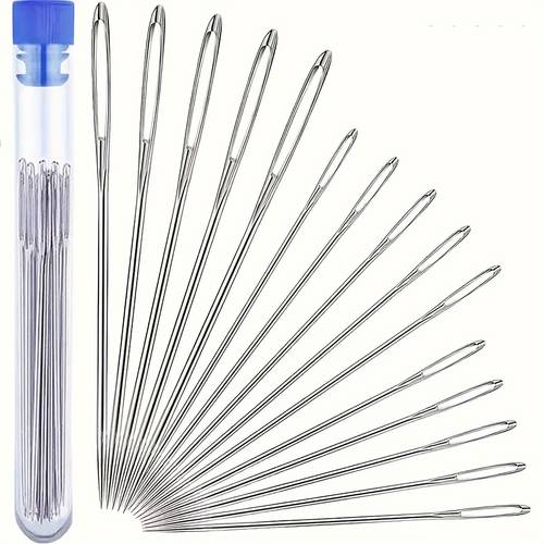 15 Pack Ergonomic Large Eye Needles for Seniors - Extra Long Handle & Large Holes, Durable Iron Quilting & Embroidery Needles for Thick Fabric, Design for Elderly Crafters