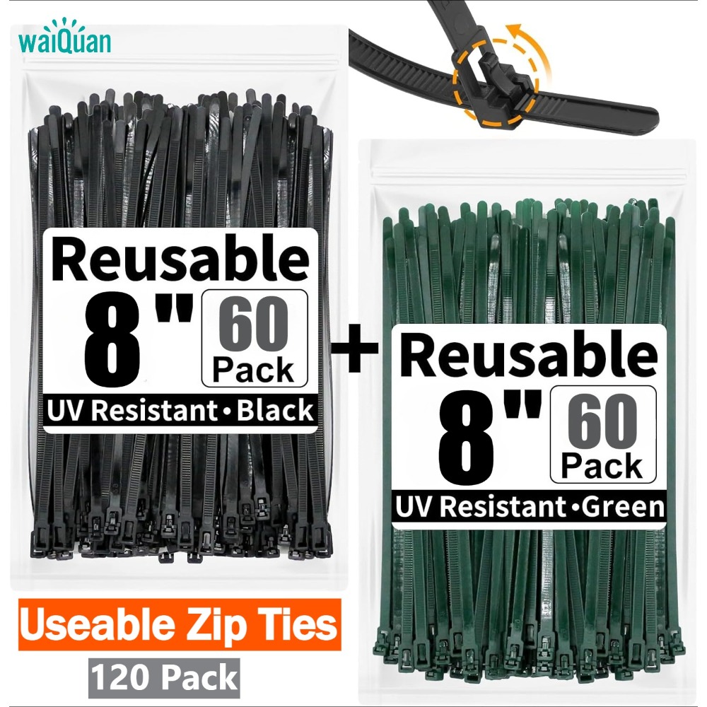 TEMU Lot de 120 attaches réutilisables à glissière de 8 pouces, attaches robustes (noir + vert), serre-câbles dégageables en nylon pour usage