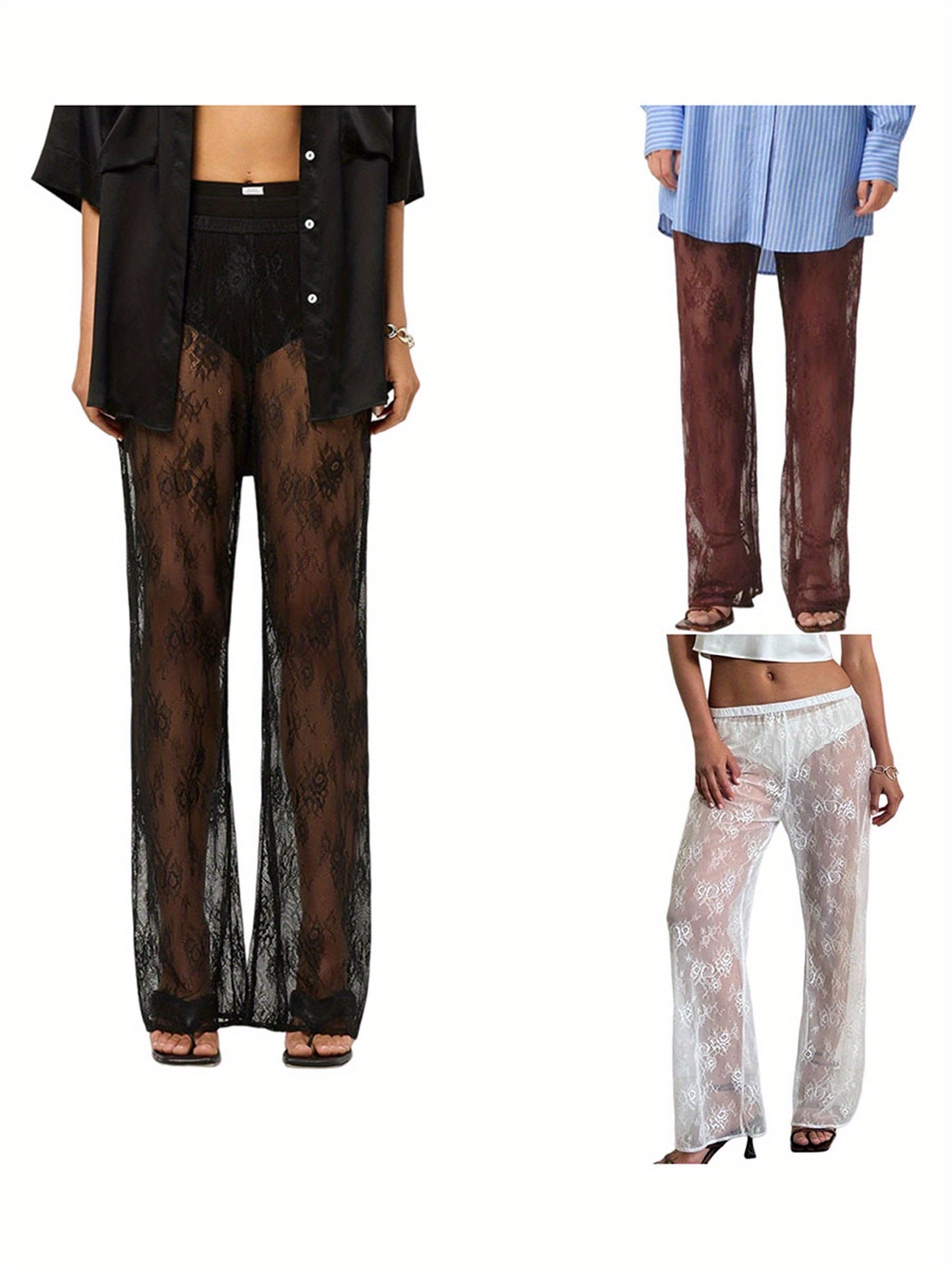 womens y2k lace pants sheer panel high waisted trousers semi