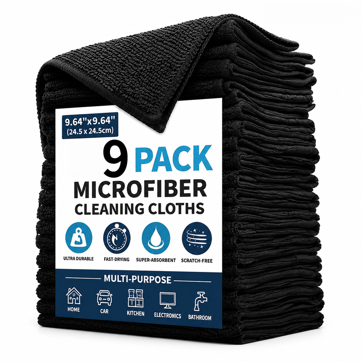 TEMU 9pcs Pack Of Black Scouring Pads, 9.6x9.6 Inch Microfiber Cloths, Absorbent Cleaning Cloths, Suitable For Home Cleaning, Kitchen Dish Towels,