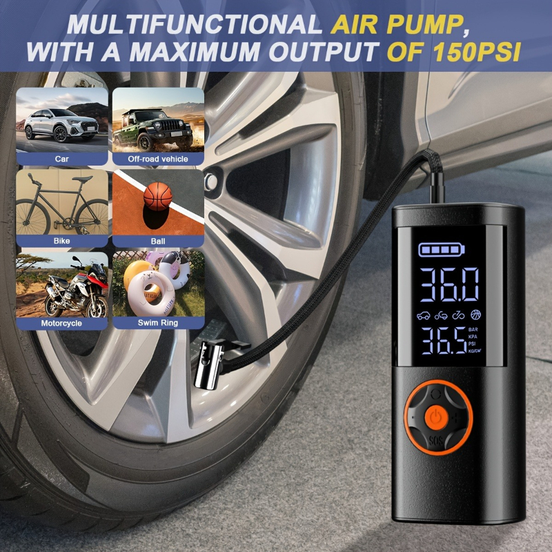 TEMU Portable Tire Inflator, 150psi Car Tire Air Pump, With Pressure Gauge And Led Light, 3x Faster Smart Wireless Tire Inflator, Suitable For Cars,