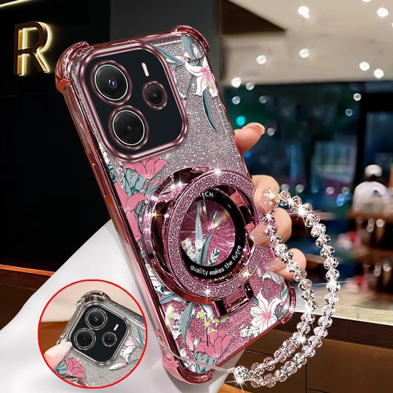 TEMU Coque de téléphone - Fleurs roses avec support circulaire et motif de cordon de perles transparentes, protection adaptée aux coques de téléphone