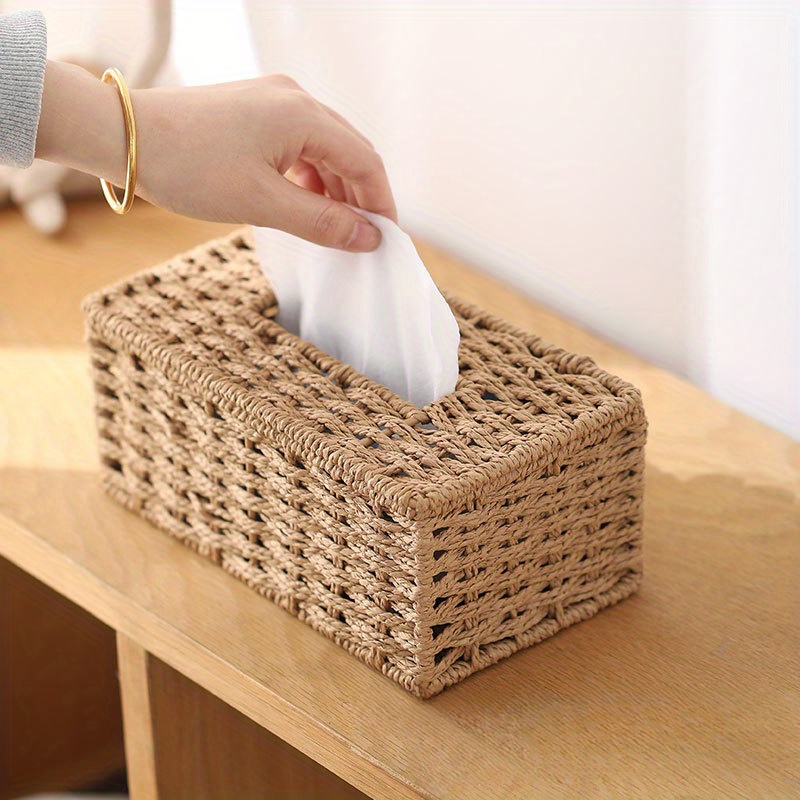 TEMU 1pc Of Bohemian-style Woven Rectangular Tissue Box Cover With A Lid, Convenient For Transport, Ideal For Storing Toilet Paper, Suitable For The