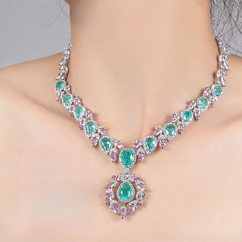 TEMU 1 collar de lujo de diseño resistente en rosa y verde, pendientes elegantes y delicados estilo corte, exquisitos accesorios de joyería para
