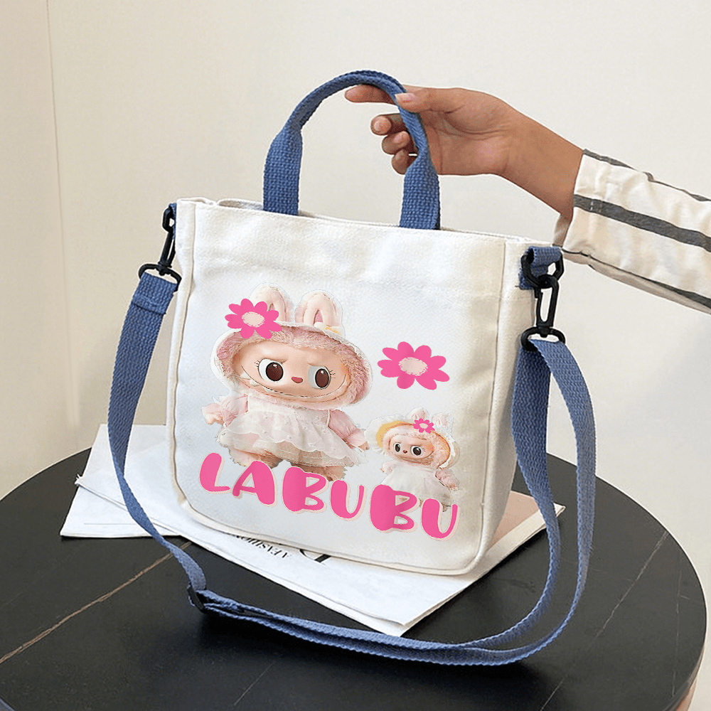 

1pc Labubu Canvas Tote Bag, Cute Cartoon Design, Detachable Shoulder Strap, Multi-functional Handbag For Women, Casual Travel Work Purse With Closure