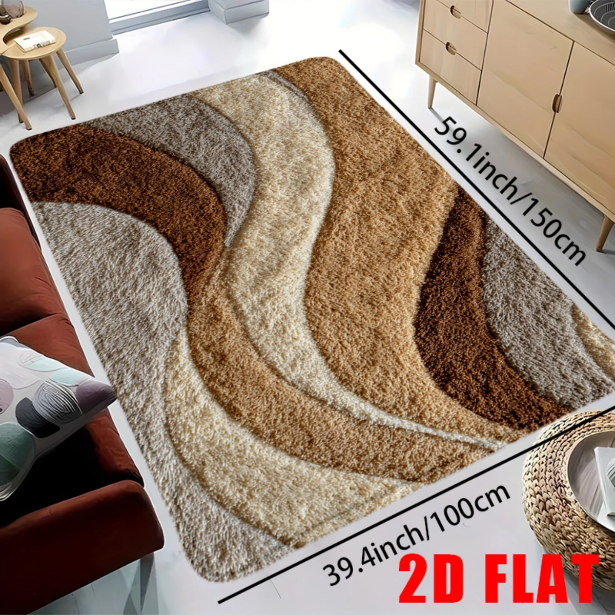 TEMU 2d Flat, 2d Flat, 2d Flat Mat, 1pc Soft Flannel Bath Anti-slip Mat With Elegant Wave Pattern In Warm , Featuring Multiple Shades Of Brown And