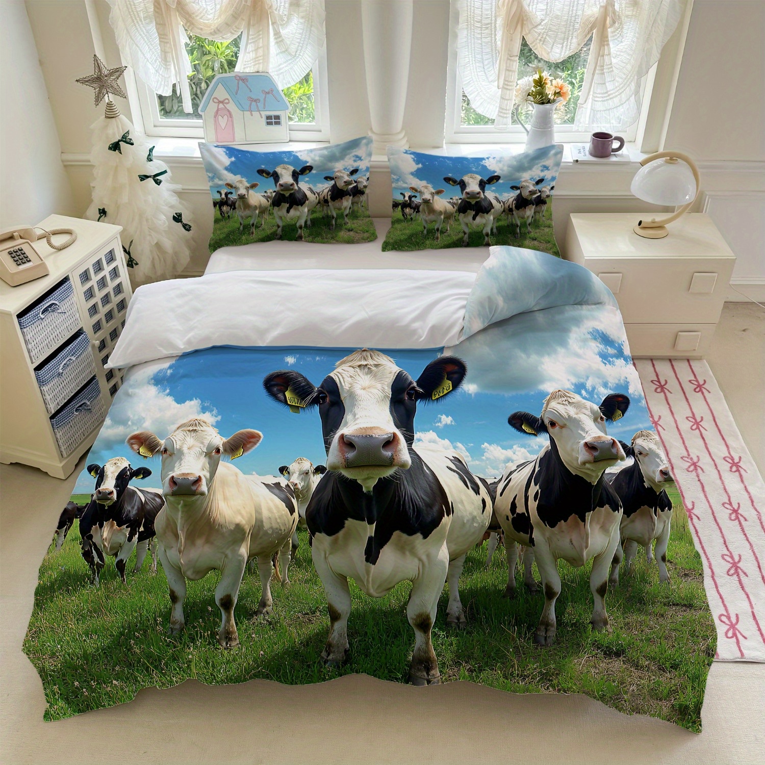 TEMU 3pcs Farmhouse Bedding Set With Cow Print   And Green Grass Pattern (1duvet Cover   2pillowcase, Without Core) For Bedroom