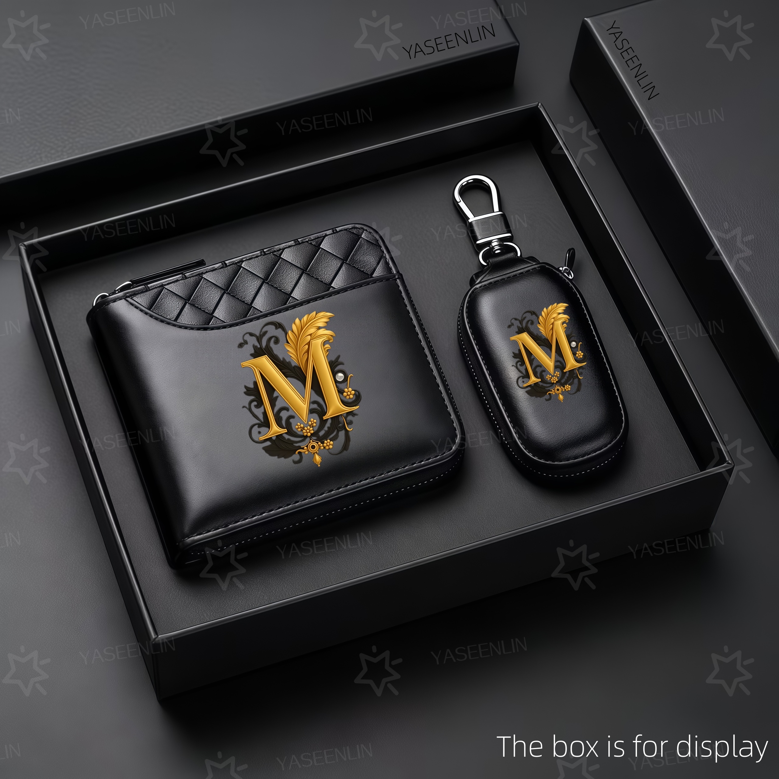 TEMU Yaseenlin 2026 New 2pcs High-end Men' Wallet With 26 A-z Initials-with A Car Key Pouch- Black Crocodile Textured Synthetic, Multiple Card Slots,