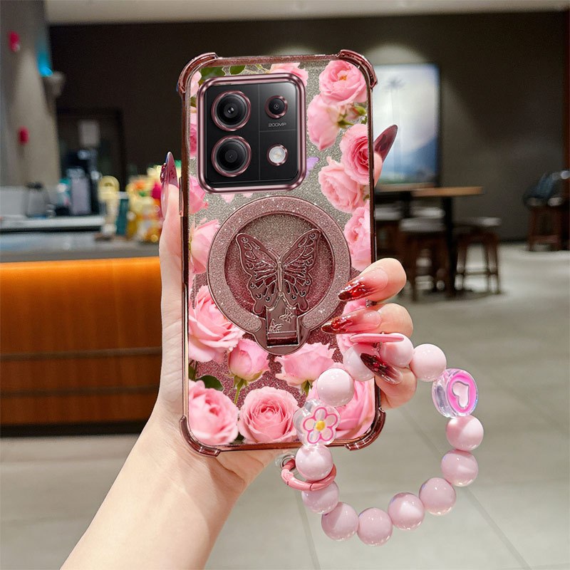 artikel foto telefoonhoesje - luxe sieraden strap lanyard telefoonhoesje voor xiaomi redmi note 13 pro 5g, met een   premium roos vlinder design met transparante glitter en een schokbestendige cover