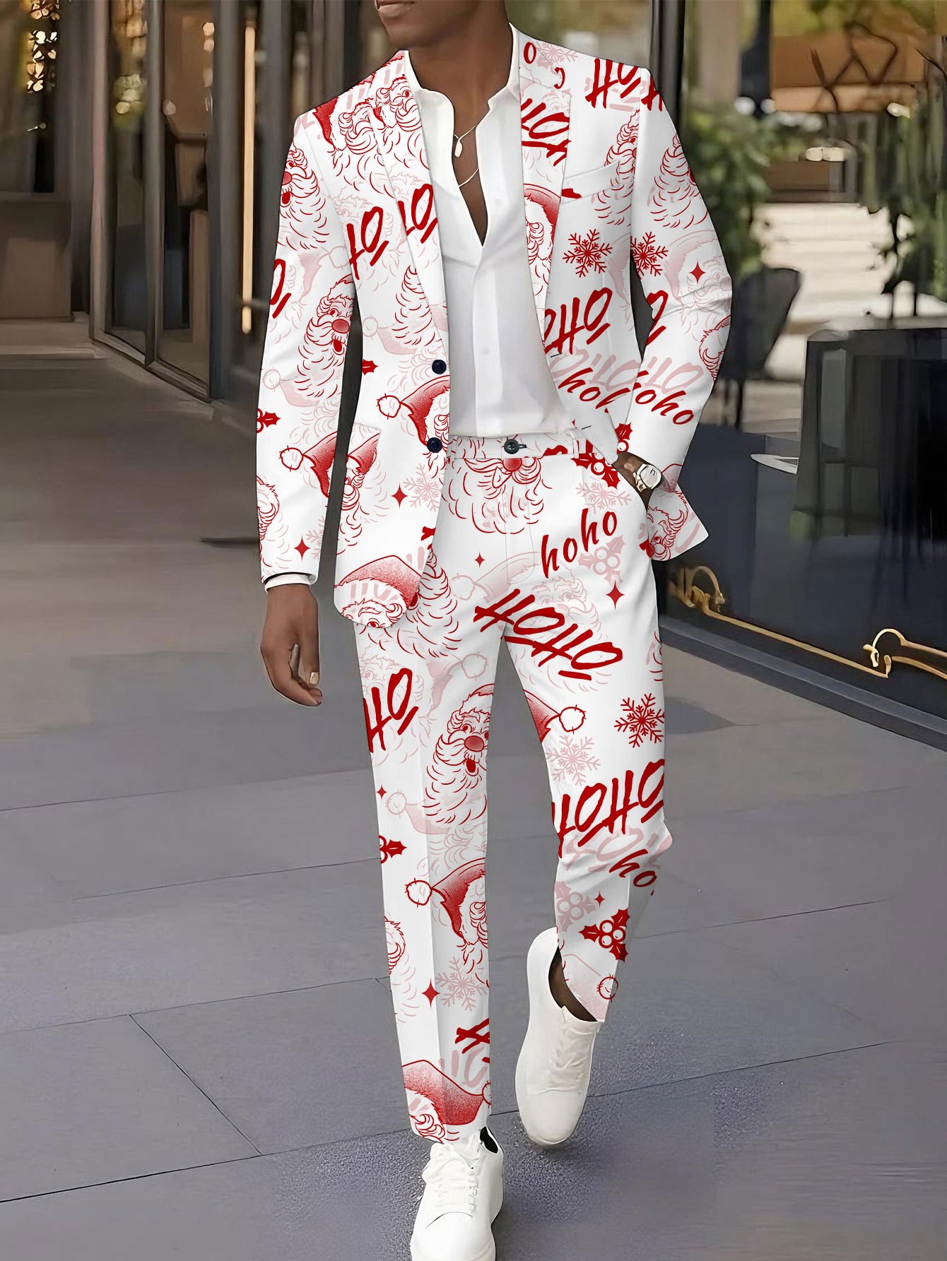 Suit + Trousers Set with  , Trendy Print Suit Jacket and Pants 2pcs Set, Men S Classic Outfit for Banquets, Weddings, Parties, Halloween, Christmas, Santa Claus Red Pattern