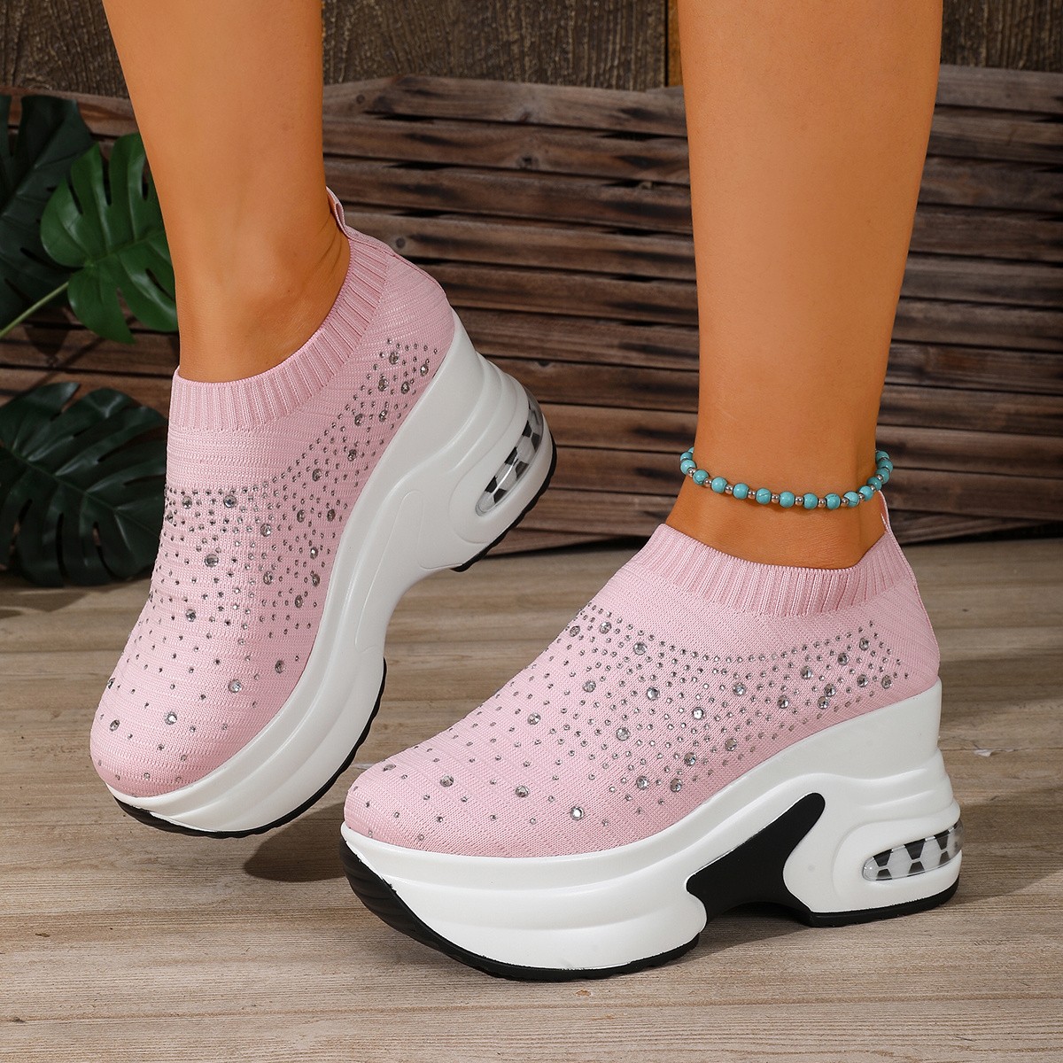TEMU Breathable Rhinestone Sock Boots, Women's Thick-soled Air Cushion Wedge Casual Shoes, Elastic Sleeve Height-increasing Platform Shoes, Daily