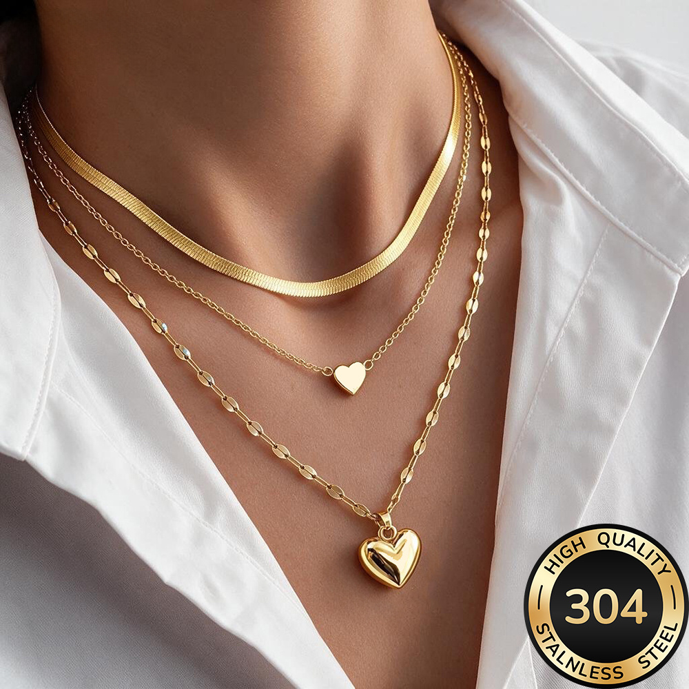 3-delige kettingenset, hoogwaardige 304 roestvrijstalen hypoallergene gouden ketting, gepolijst, KC, aanslagwerend, eenvoudig en elegant, modieuze damesketting geschikt voor dagelijks gebruik of feesten, sieraadaccessoire, een delicaat cadeau voor vrouwen