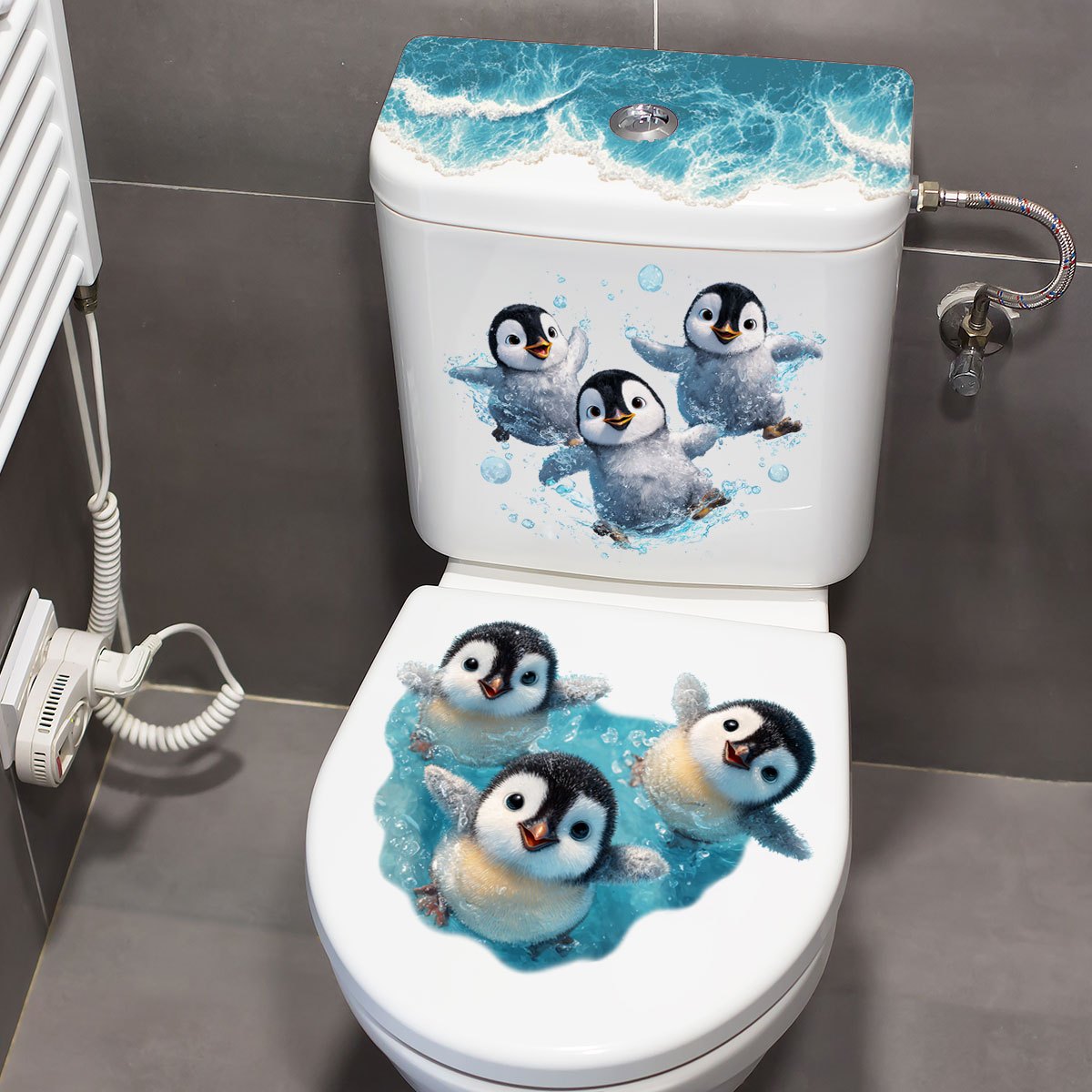 Ocean Breeze Penguin Pattern Toilet Sticker | Self-adhesive Decoration For Bathroom Water Tank Toilet Cover