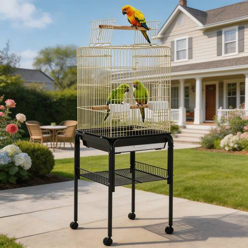 rolling bird cage with open top and stand durable wrought cage for parakeets cockatiels conures lovebirds large parrot cage with storage shelf removable tray indoor outdoor use