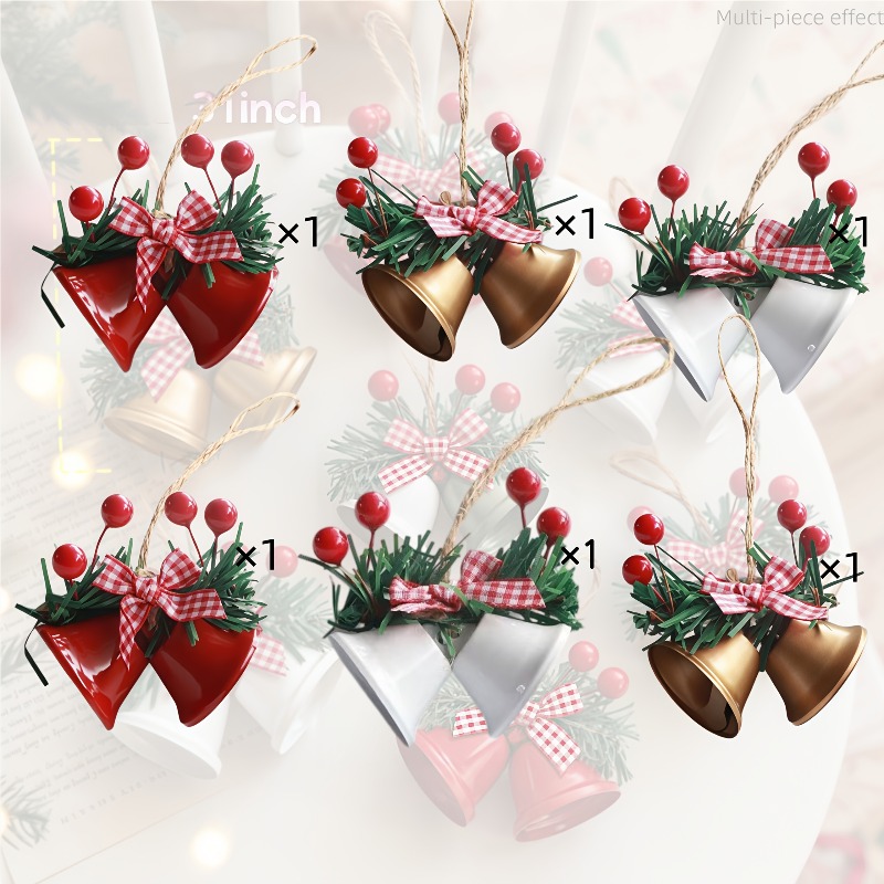 TEMU Set Of 12 Vintage Metal Christmas Bells = 6pcs Set With Red Berries, Bows, And Green Grass — Versatile Hanging Decorations With Red And Golden