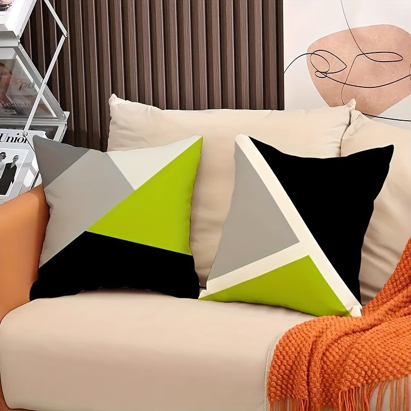 4pcs modern geometric print pillow covers green black white gray lime accents double sided soft fabric with zipper closure hand wash   sofa   room bedroom patio car office decor pillow covers for living room decorative gift item contemporary style comfortable texture home decor stylish decor durable cover accent pillows   Product details 1