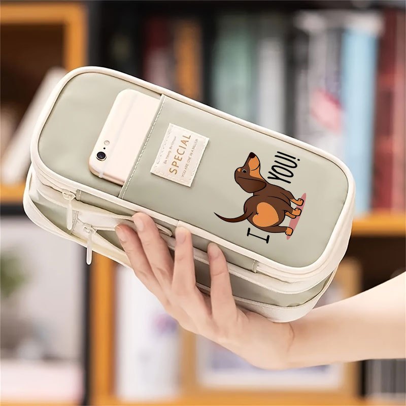 TEMU 1pc Cartoon Dachshund Print Multi-compartment Large Capacity Pen Case Portable Stationery Organizer Pencil Case For School And Office Use