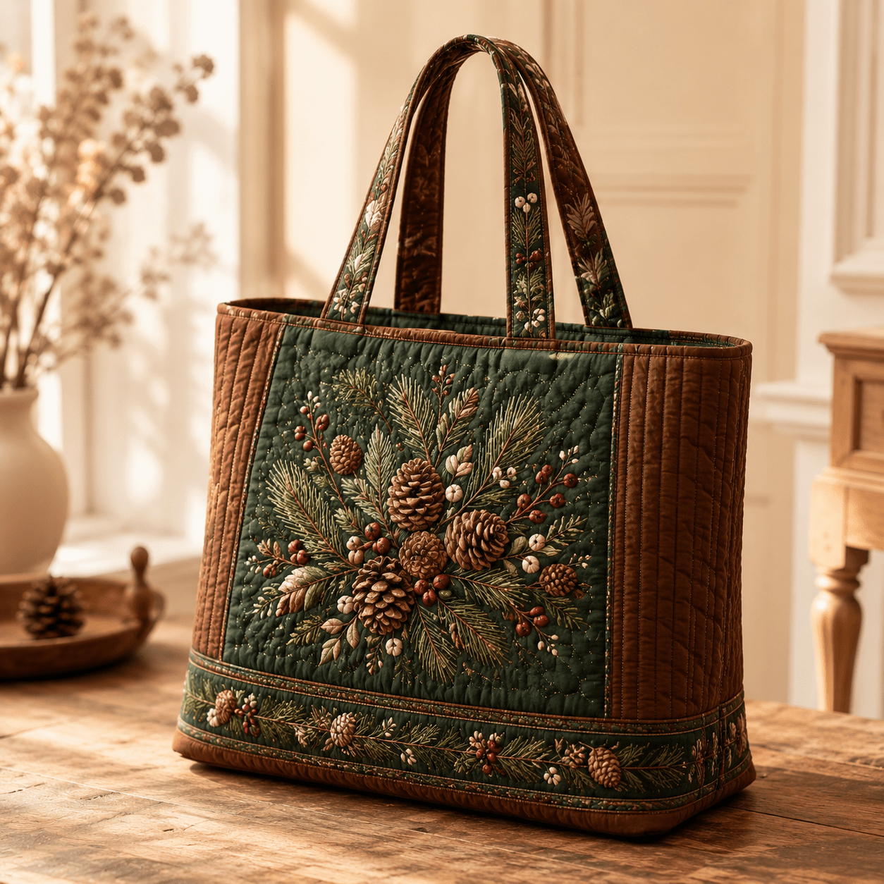 Quilted Tote Bag For Women, Pine Cone Cedar Tote With Green Brown Winter Embroidery And Textured Quilting, Soft Handheld Bag, Large Capacity School Work Bag For Daily Use Weekend Gym