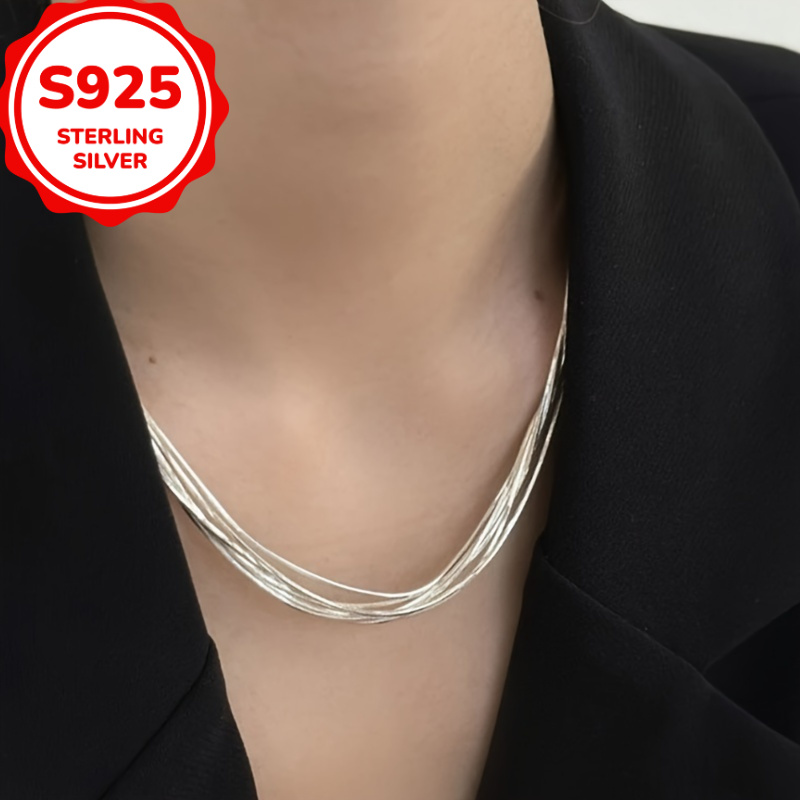 

Hip-hop Style S925 Pure Silvery Layered Pendant Necklace, Low Multi-chain, Suitable For Daily And Party Wear