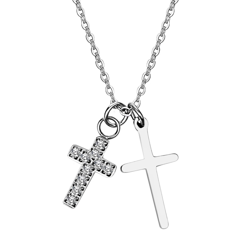 Image of Jewelrywe Women Double Cross Necklace: Ladies Elegant Stainless Steel Faith Adjustable Chain Sparkling Zirconia Necklace